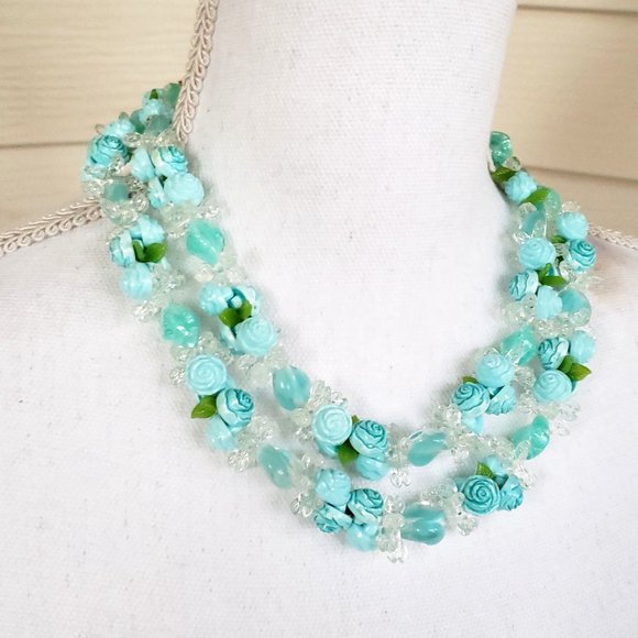 Jewelry - Vintage Blue Floral Beaded Necklace double strand